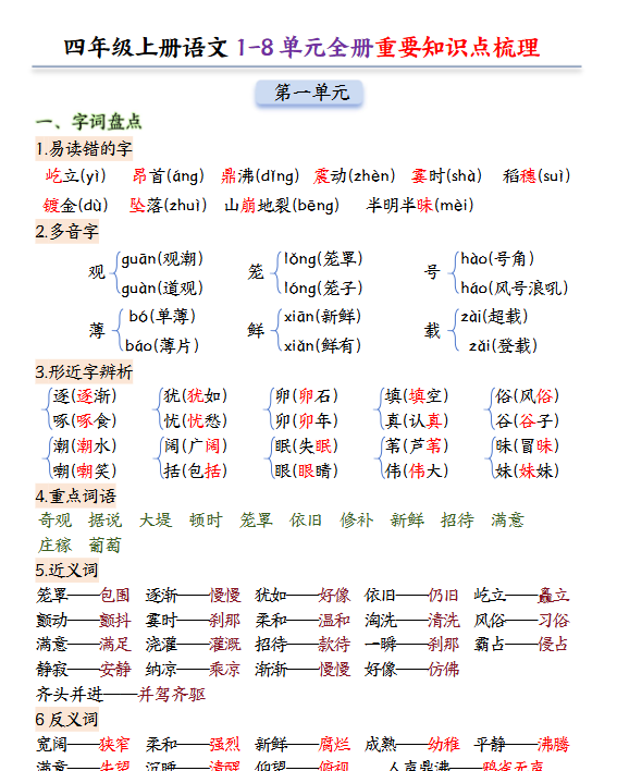 【24页完整版】四年级上册语文1-8单元全册重要知识点-开学吧
