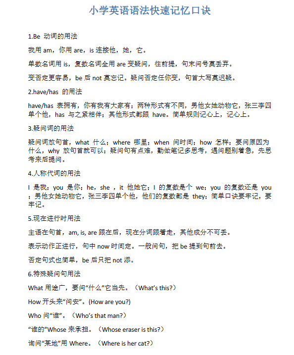 【4页新版】小升初复习，小学英语语法快速记忆口诀【高清完整版】-开学吧