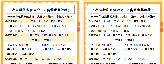【2026寒假2页】五年级数学寒假必背：7类常考单位换算-小初高学习资料下载_真题试卷 - 开学吧资料库