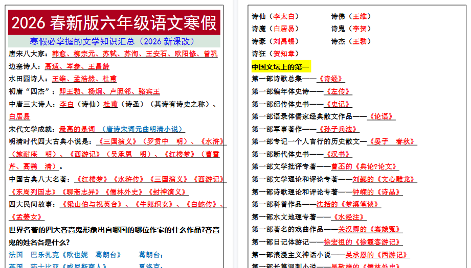 2026春新版六年级语文寒假必掌握的文学知识汇总-免费学习资料下载 - 开学吧