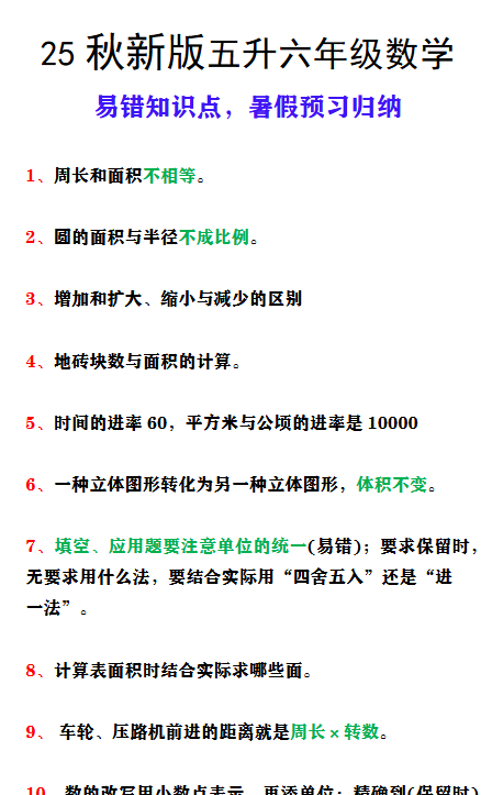 【2025秋新版】五升六年级上册数学易错知识点，暑假预习归纳-开学吧