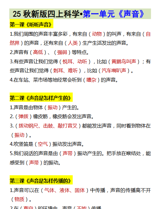【2025秋新版】四上科学•第一单元《声音》-开学吧