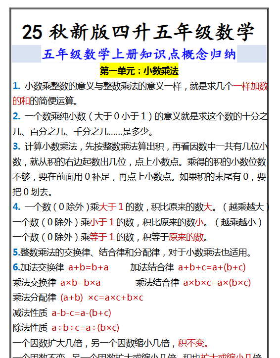 【2025秋新版】五年级数学上册知识点概念归纳-开学吧