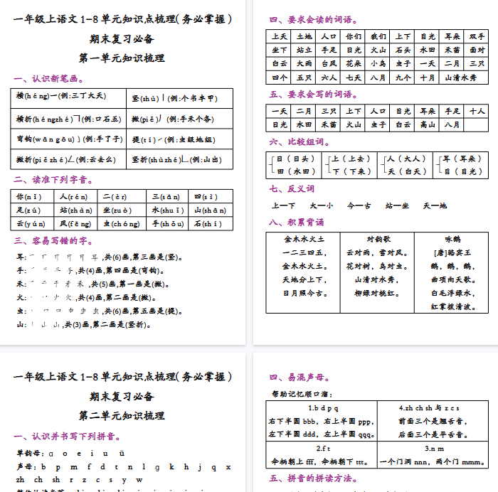 【16页完整版】一年级上语文1-8单元知识点梳理（务必掌握）-开学吧