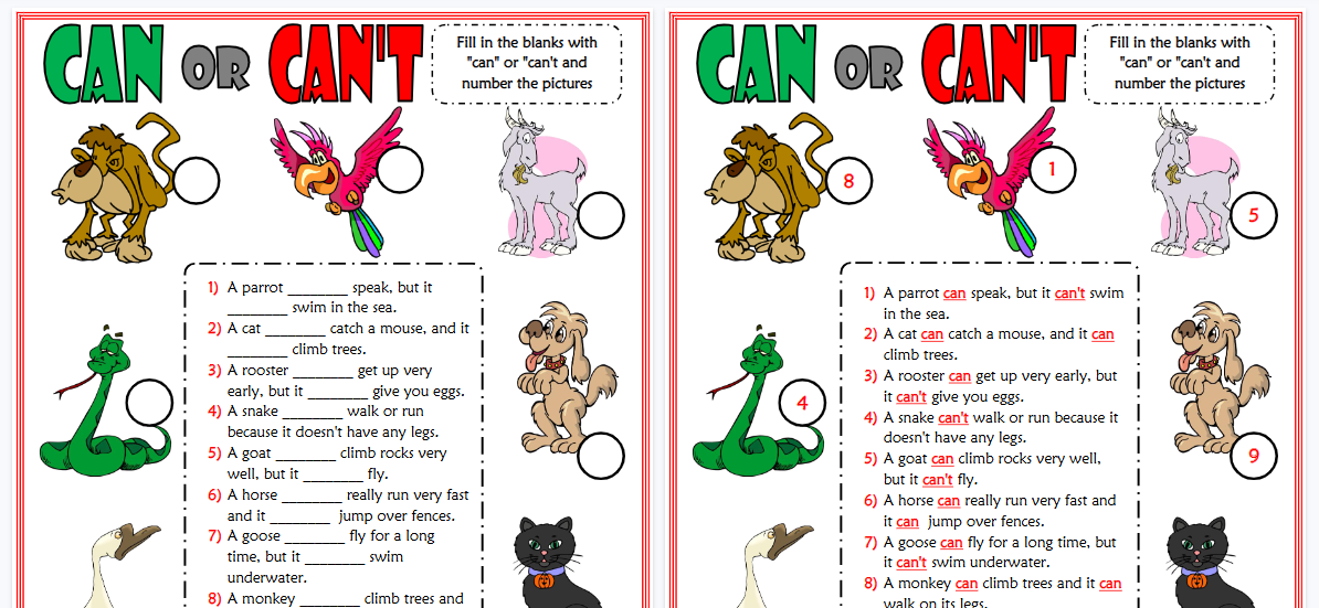 【2页高清彩色版】can or can't esl worksheet with animals vocabulary for kids【完整可直接打印】语法作业纸63套-开学吧