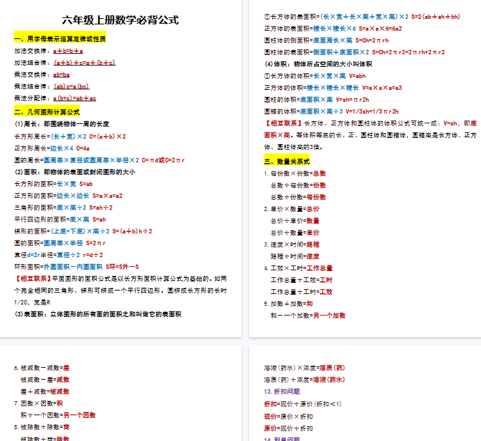 【4页完整版】六年级上册数学必背公式-开学吧
