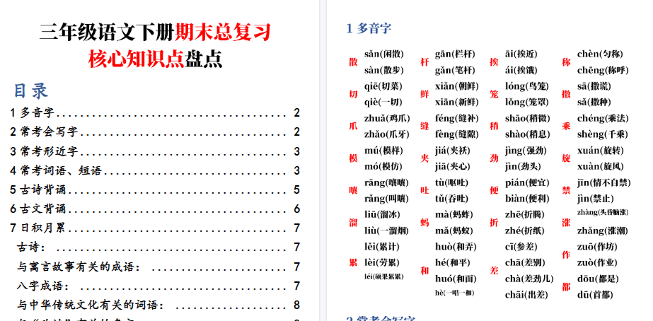 【8页高清完整版】三年级语文下册期末总复习-核心知识点盘点-小初高学习资料下载_真题试卷 - 开学吧资料库