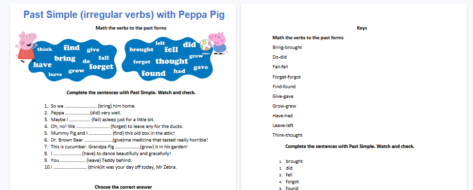 【2页高清彩色版】past-simple【完整可直接打印】小猪佩奇语法练习纸-开学吧