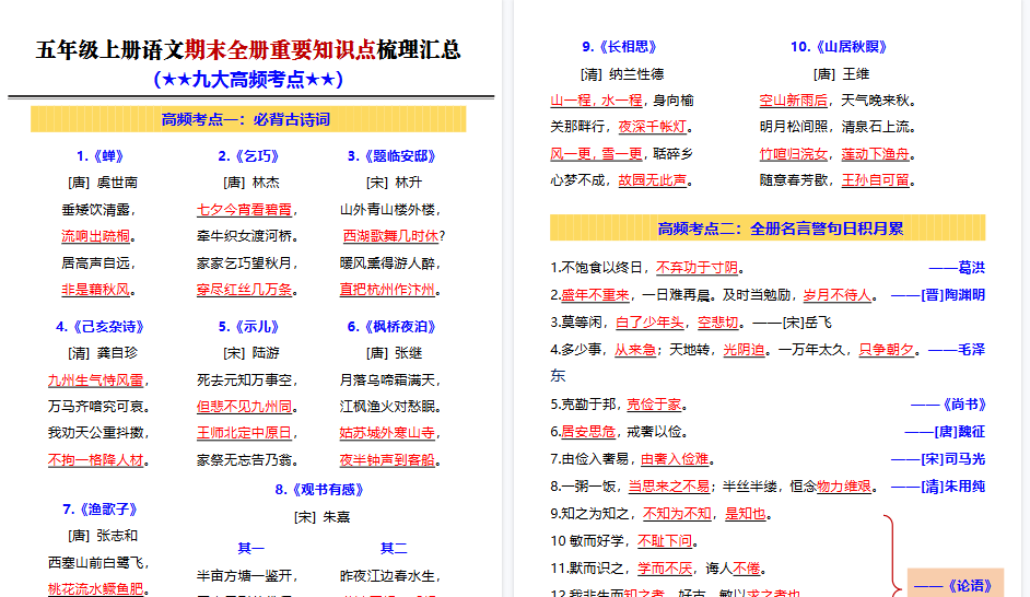 【30页高清完整版】五年级上册语文期末全册重要知识点梳理汇总（答案）-小初高学习资料下载_真题试卷 - 开学吧资料库