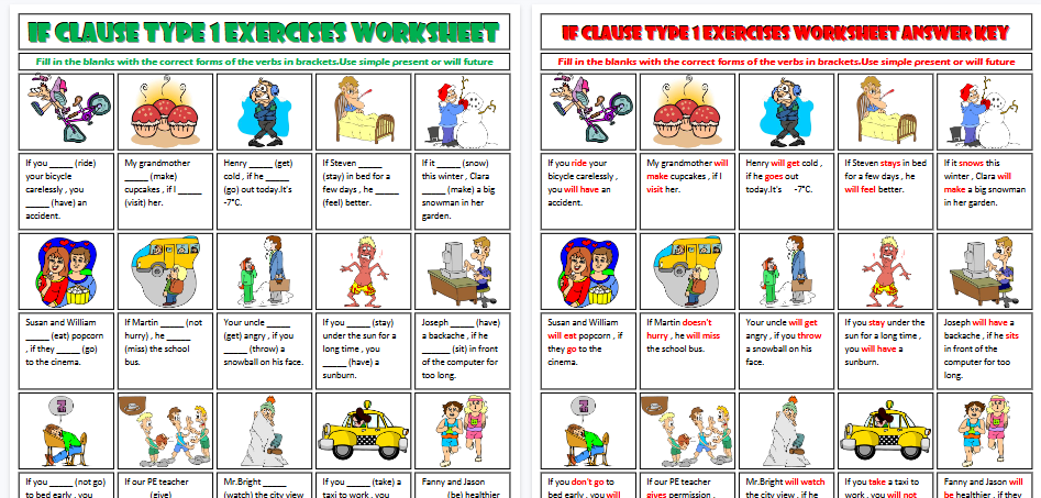 【2页高清彩色版】conditionals if clauses type 1 exercises worksheet【完整可直接打印】语法作业纸63套-开学吧