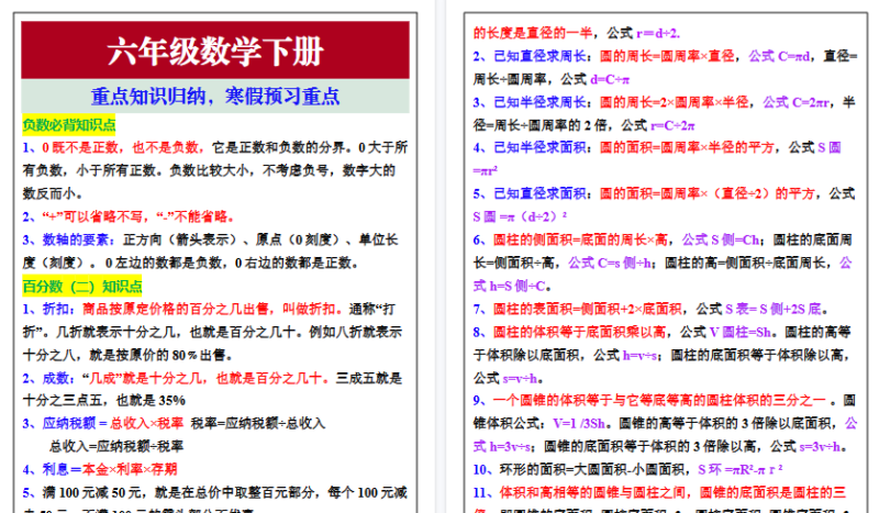 【2026寒假3页】六年级数学下册重点知识归纳,寒假预习重点-小初高学习资料下载_真题试卷 - 开学吧资料库