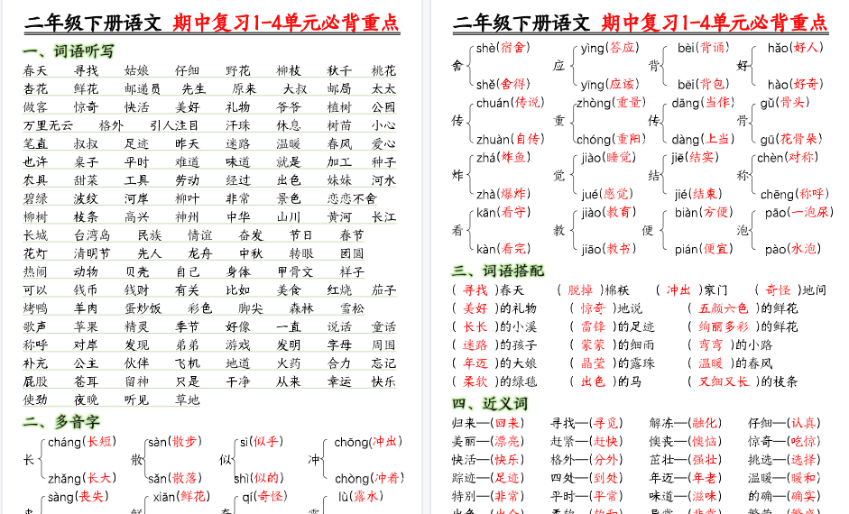 【12页高清完整版】二（下）语文期中复习1-4单元常考重点-小初高学习资料下载_真题试卷 - 开学吧资料库