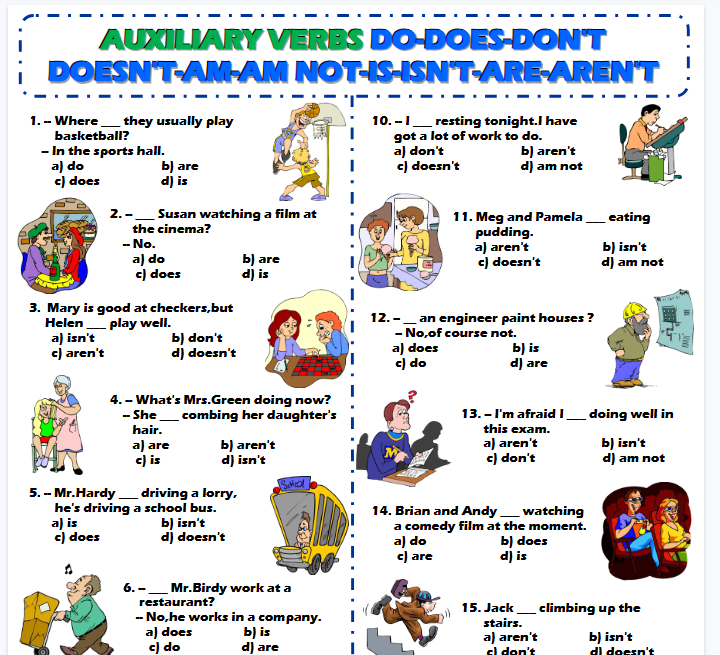 【2页高清彩色版】auxiliary verbs do-does-am-is-are【完整可直接打印】语法作业纸63套-开学吧