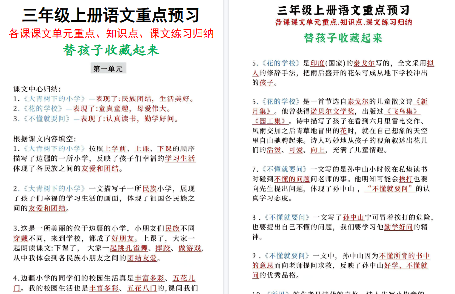 【11页高清完整版】三年级上册语文 各课课文单元重点、知识点、课文练习归纳-开学吧
