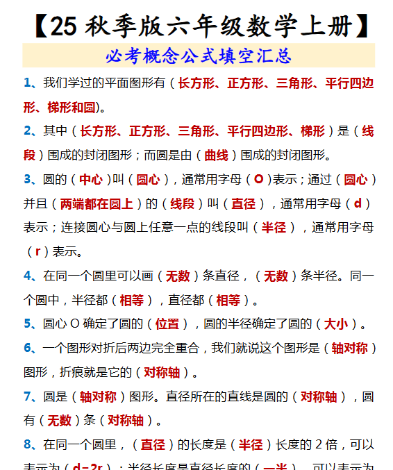【2025秋新版】【六年级数学上册】 必考概念公式填空汇总-开学吧