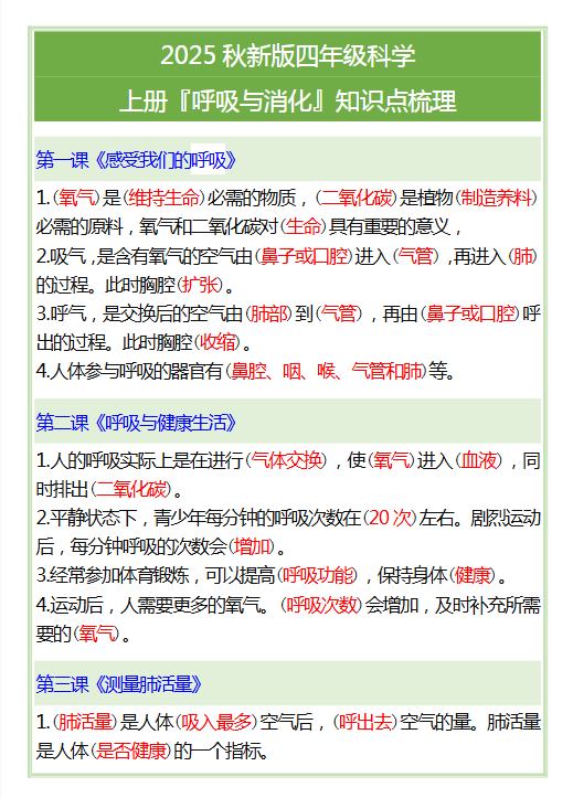 【2025秋新版】四年级科学上册『呼吸与消化』知识点梳理-开学吧