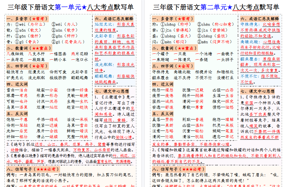 【8页高清完整版】（答案版）三年级下册语文1-8单元八大考点默写单-小初高学习资料下载_真题试卷 - 开学吧资料库