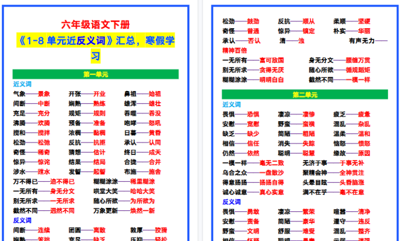 【2026寒假5页】六年级语文下册《1-8单元近反义词》汇总，寒假学习！-小初高学习资料下载_真题试卷 - 开学吧资料库