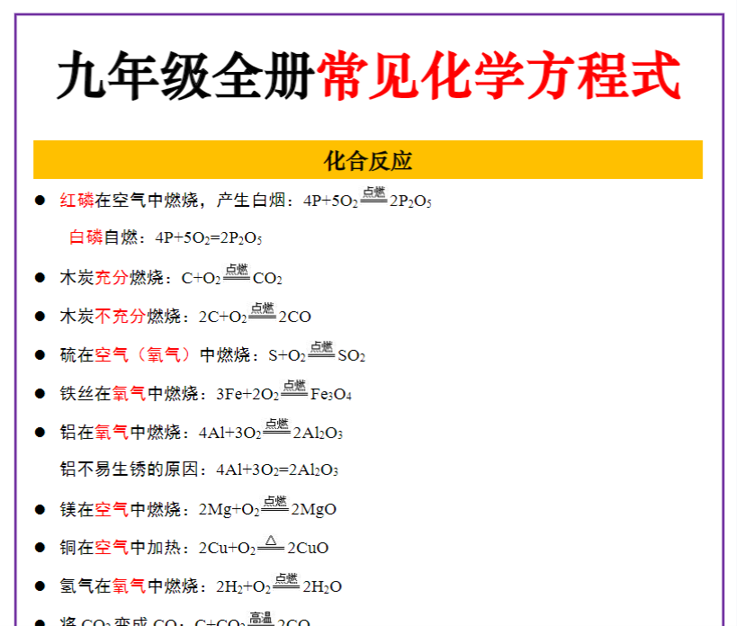 7页！初中化学常见的化学方程式-开学吧