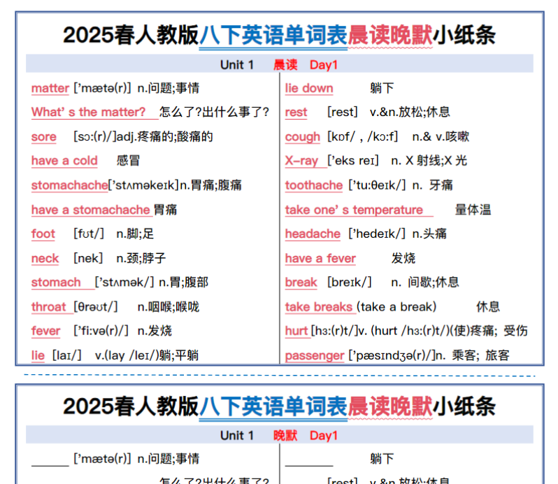 22页！2025春新人教版八下英语单词表晨读晚默小纸条-开学吧