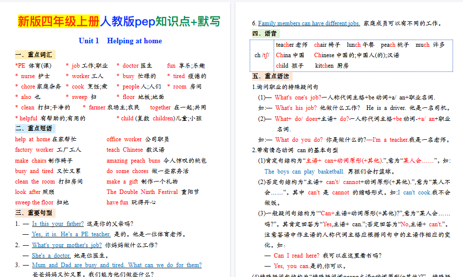 【24页高清完整版】新版人教版四年级上册英语必背知识点总结+默写-小初高学习资料下载_真题试卷 - 开学吧资料库