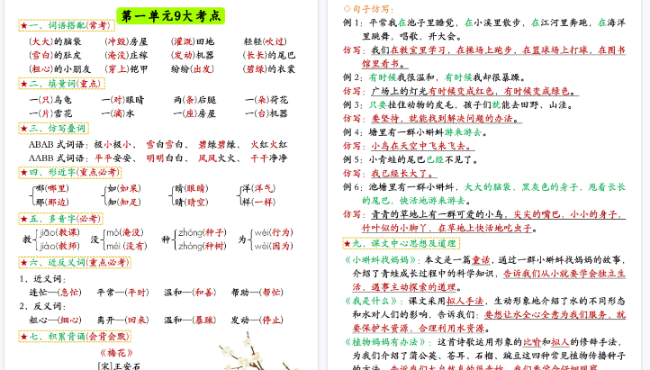 【高清8页整理】新版二上语文期中考试总复习高频考点汇总-开学吧