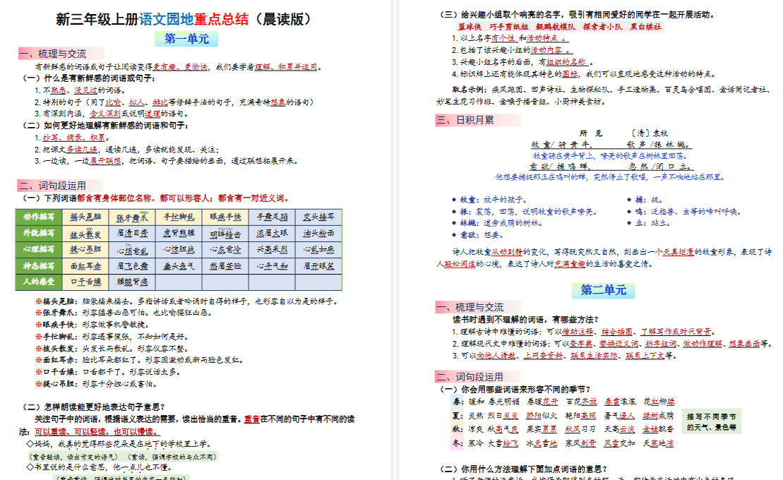 新三上语文1-8单元语文园地重点期末总结(晨读晚练)20页-小初高学习资料下载_真题试卷 - 开学吧资料库