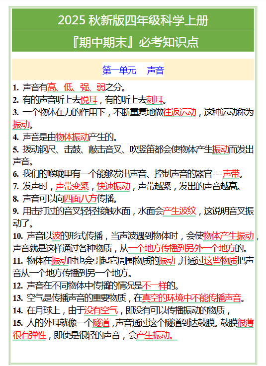 【2025秋新版】四年级科学上册『期中期末』必考知识点-开学吧