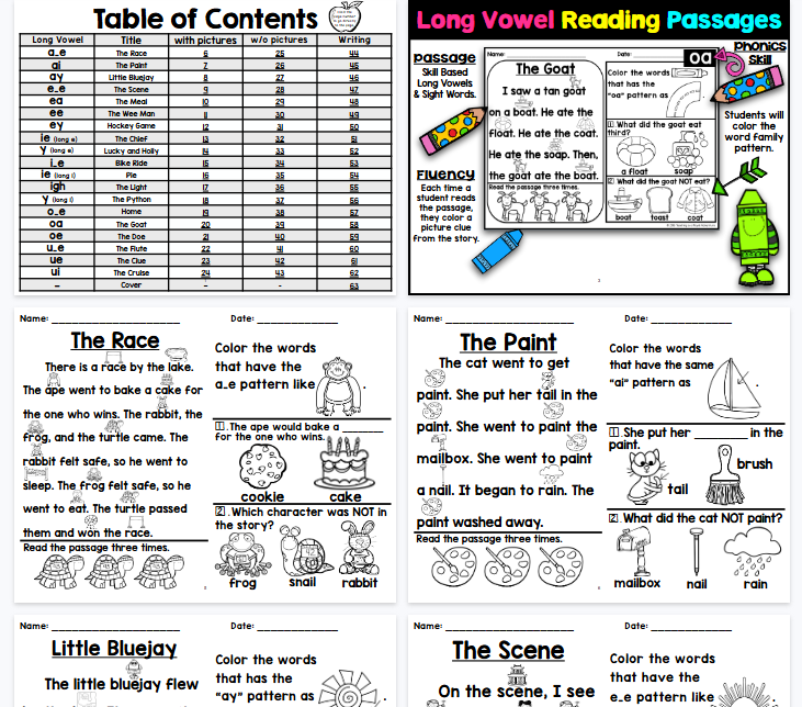 【60页高清彩色版】Long Vowel 阅读理解【完整可直接打印】自然拼读阅读小短文练习纸-开学吧