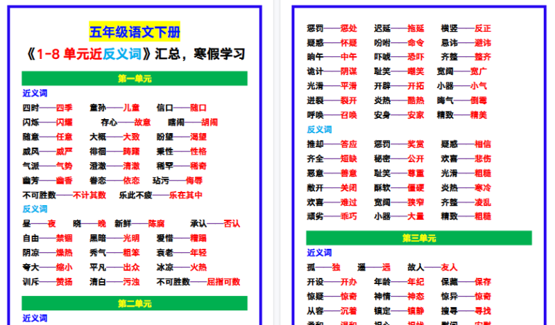 【2026寒假7页】五年级语文下册《1-8单元近反义词》汇总，寒假学习！-小初高学习资料下载_真题试卷 - 开学吧资料库