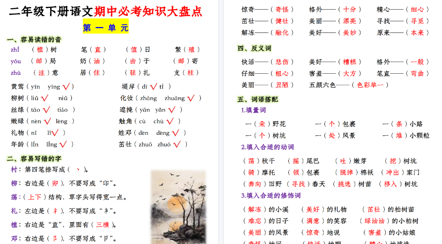 【23页高清完整版】二（下）语文1-4单元期中必考知识大盘点-小初高学习资料下载_真题试卷 - 开学吧资料库