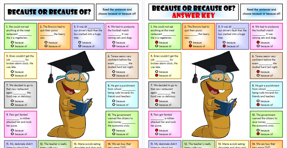 【2页高清彩色版】because or because of esl multiple choice questions worksheet【完整可直接打印】语法作业纸63套-开学吧