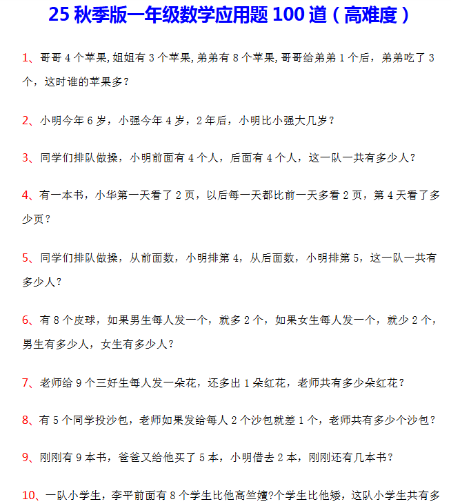 【2025秋新版】一年级数学应用题100道(高难度)-开学吧