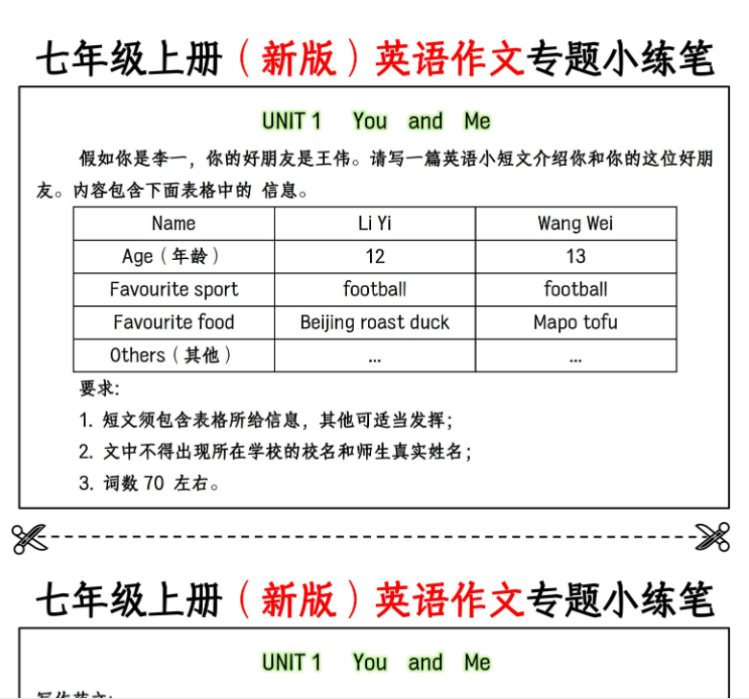9页！七年级上册（新版）英语作文专题小练笔  挖空版+答案-开学吧