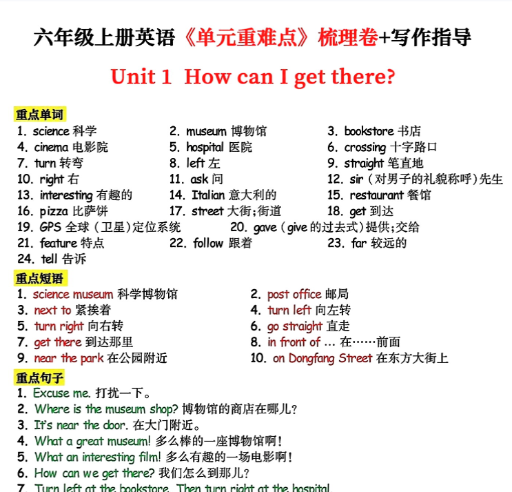 六年级上册英语1-6单元必背重难点-开学吧