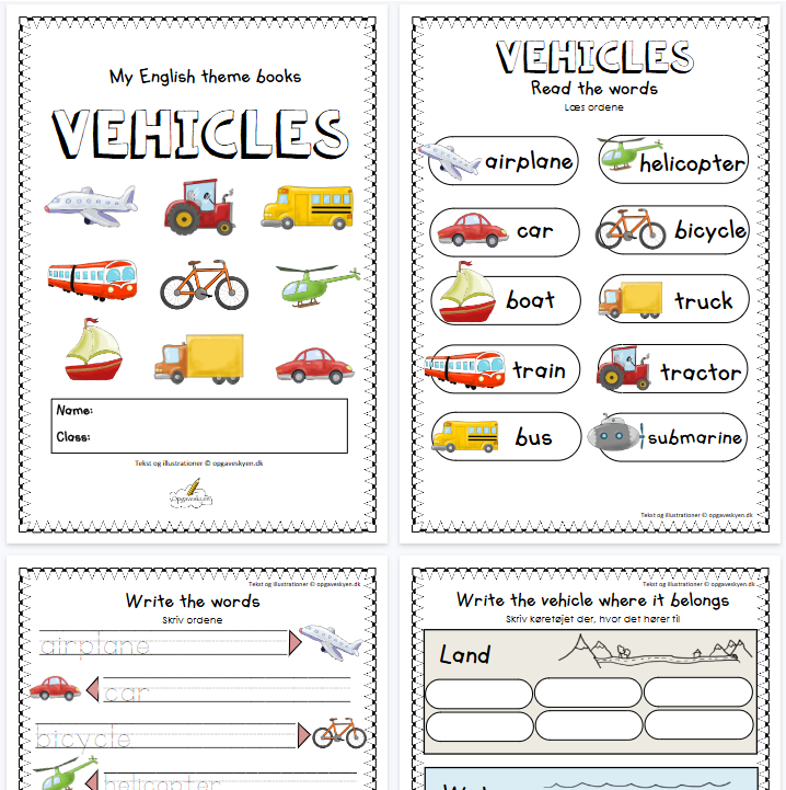 【8页高清彩色版】vehicles【完整可直接打印】认知主题词汇练习纸-开学吧