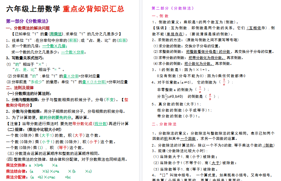 六年级上册数学各单元重点必背知识点期末归纳总结-小初高学习资料下载_真题试卷 - 开学吧资料库