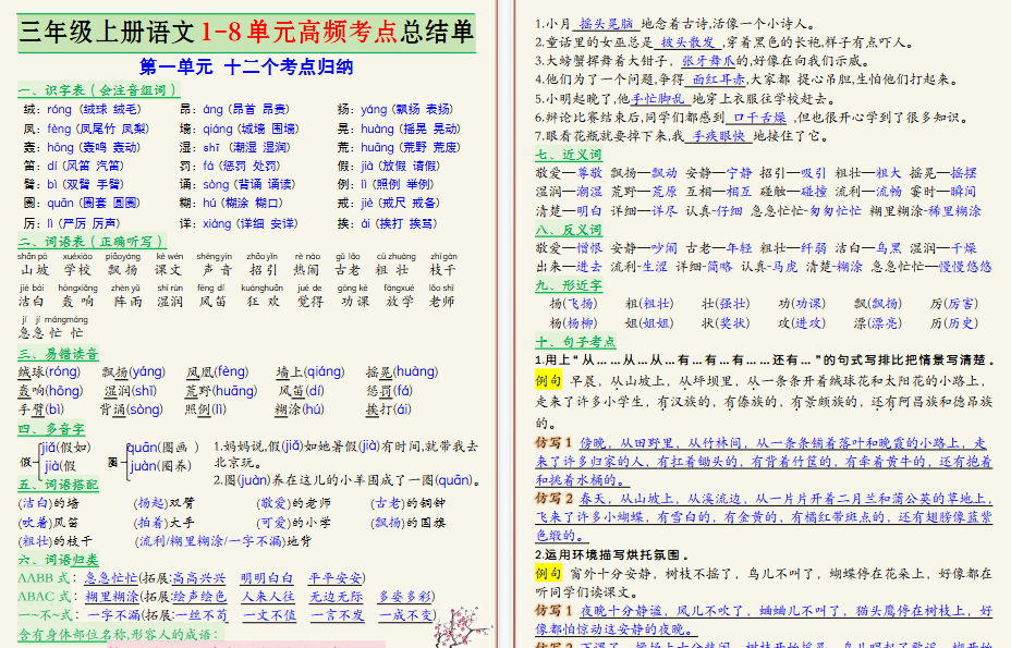 新三上语文复习1-8单元高频考点期末总结单(26页)-小初高学习资料下载_真题试卷 - 开学吧资料库