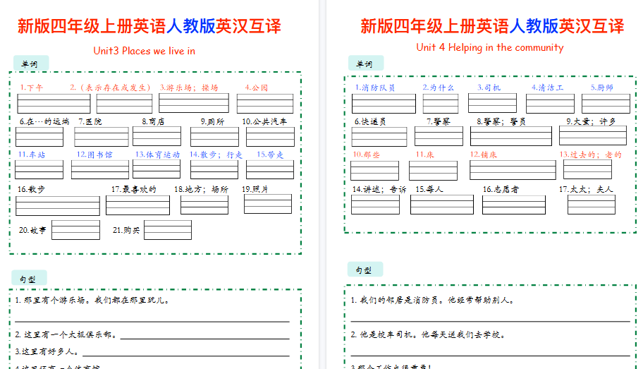 【12页高清完整版】新人教版四上英语单词句型英汉互译-小初高学习资料下载_真题试卷 - 开学吧资料库