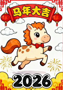 新年马年贺卡(竖版)1手抄报-高清可直接打印无水印版本-开学吧