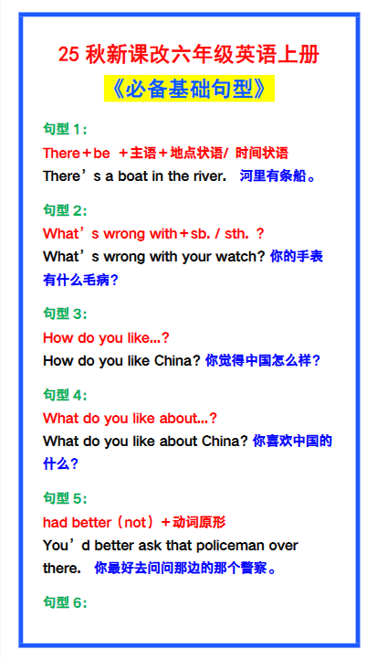 【2025秋新版】六年级英语上册《必备基础句型》，最全整理！-开学吧