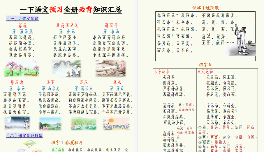 【2026春17页完整版】一下语文预习全册必背知识汇总-小初高学习资料下载_真题试卷 - 开学吧资料库
