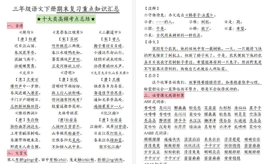 【22页高清完整版】三（下）语文期末复习十大高频考点-小初高学习资料下载_真题试卷 - 开学吧资料库