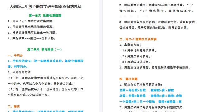 【7页高清完整版】人教版二年级下册数学必考知识点归纳总结-小初高学习资料下载_真题试卷 - 开学吧资料库