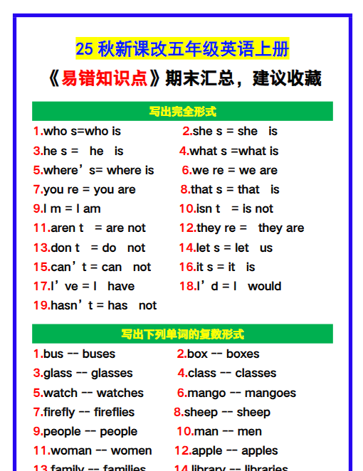 【2025秋新版】五年级英语上册《易错知识点》汇总，建议收藏！-开学吧