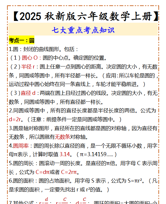 【2025秋新版】【六年级数学上册】 七大重点考点知识-开学吧