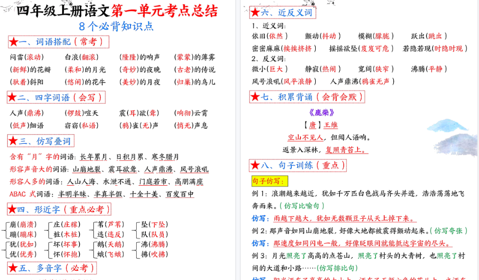 【32页高清完整版】四年级上册语文1-8单元考点总结（8个必背知识点）-小初高学习资料下载_真题试卷 - 开学吧资料库