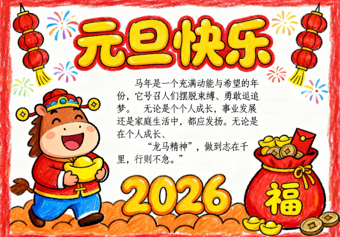 马年新年元旦2手抄报-高清可直接打印无水印版本-开学吧