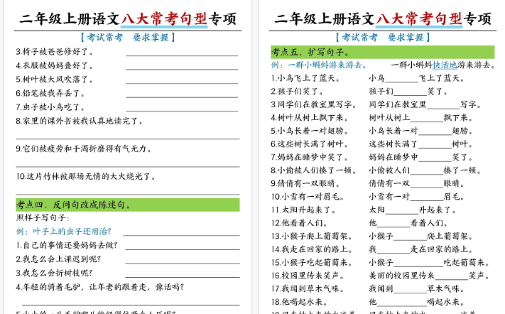 【16页高清完整版】二上语文八大类句子专项专项练习-小初高学习资料下载_真题试卷 - 开学吧资料库