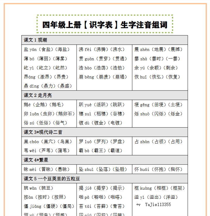 【2025秋季版】四上语文（识字表）注音、组词-开学吧